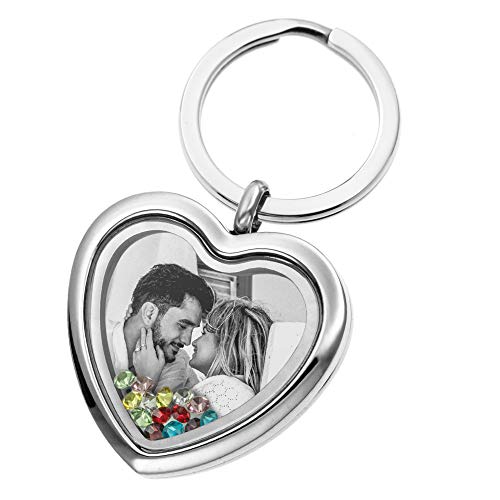 Custom Photo Text Engraved Heart Floating Living Locket Crystal Pendant Keychain - color: Rainbow - 1 Photo Engraving