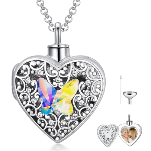 Dorunmo Personalized Heart Urn Locket Necklace for Ashes and Pictures 925 Sterling Silver Customized Locket Memorial Keepsake Cremation Jewelry for Ashes for Women Men Keep Someone Near to You - color: Color White Butterfly, style: Personalized Photo