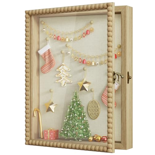 Love-KANKEI Deep Shadow Box 11x14,Unique Solid Wood Beads Frame,Natural | Front-Opening Glass Door，Metal Latch-Lock,Assembly-Free,Tabletop & Wall-Mount,Memory Box,Gift,Display Photos,Awards,Medals - color: Natural, size: 11x14