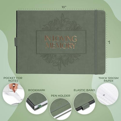 Skyline Funeral Guest Book, Memorial Service Sign-In, Cypress | 10x7 in, 610 entries, Eco leather hardcover, Personalized celebration of life guestbook, Memory book & condolence register - color: Cypress