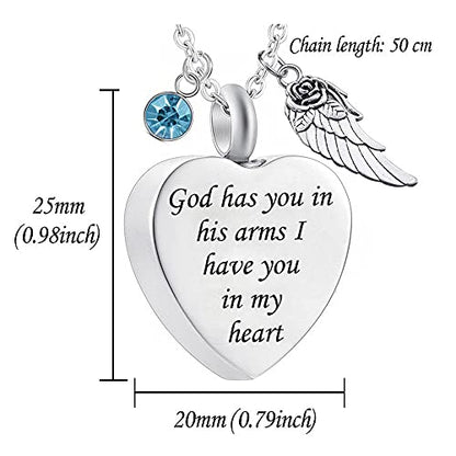 God has You in his arms with Angel Wing Charm Cremation Ashes Jewelry Keepsake Memorial Urn Necklace with Birthstone Crystal - color: October