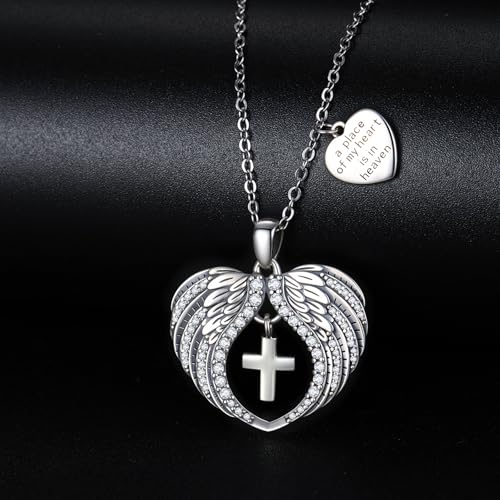 TUGHRA Memorial Necklace for Women Men, Angel Wings Heart Pendant 925 Sterling Silver A Piece of My Heart Is In Heaven Charm Necklace Sympathy Gift - style: 03-Cross Angel Wings