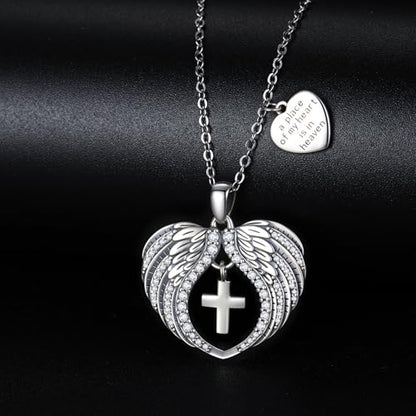 TUGHRA Memorial Necklace for Women Men, Angel Wings Heart Pendant 925 Sterling Silver A Piece of My Heart Is In Heaven Charm Necklace Sympathy Gift - style: 03-Cross Angel Wings