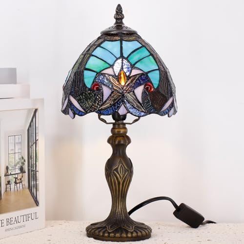 Small Tiffany Stained Glass Table Lamp,Green | Mini Desk Accent Light, Bedroom Bedside Reading, Antique Style Decor, 8X15 Inches - color: Green