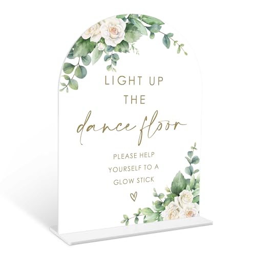 Eucalyptus Rose Glow Stick Sign, 6 x 8 Inch White Arch Acrylic Wedding Sign with Holder, Wedding Sign for Ceremony and Reception, Wedding Decoration, Wedding Supplies - AM22 - color: Rose Glow Stick, size: Eucalyptus 6X8IN