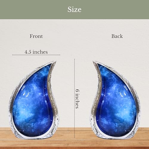 NORSE'S TRADECRAFT Teardrop Urn for Ashes Adult Male & Female with Blue Cosmic Swirl Design | Handcrafted Metal Cremation Urn with Velvet Bag | Memorial Gifts for Funeral - 60 cu in