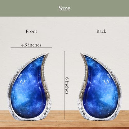 NORSE'S TRADECRAFT Teardrop Urn for Ashes Adult Male & Female with Blue Cosmic Swirl Design | Handcrafted Metal Cremation Urn with Velvet Bag | Memorial Gifts for Funeral - 60 cu in