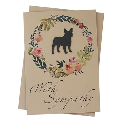 French Bulldog Floral Wreath Sympathy Card | Handmade 5x7 Pet Condolences Greeting | Dog Silhouette Kraft Brown Base Card | Frenchie - color: Kraft Brown, style: French Bulldog