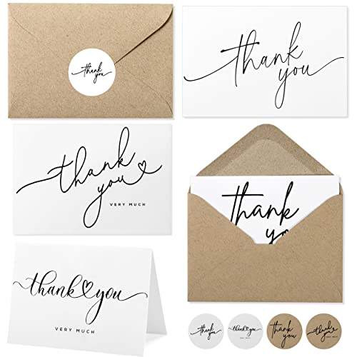 Layneria 100 Bulk Thank You Cards with Kraft Envelopes and stickers - 4 Minimalistic Designs Blank Thank You Notes with Envelopes for business Wedding Bridal Gift Baby Shower Business Graduation - color: White