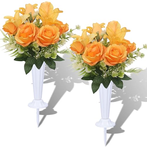 Artificial Cemetery Flowers with Vases Set of 2 Roses Lily Silks Bouquets Realistic Memorial Flowers for Outdoor Graveside Decoration Fade-Resistant & Weatherproo(Yellow) - color: Yellow
