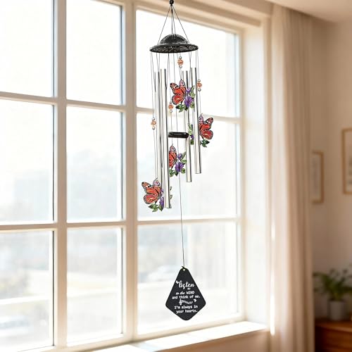 YU FENG Butterfly Memorial Wind Chime, Crystal Suncatcher Outdoor Decor | 34 Inch Metal Wind Chime, Butterfly Design, Sympathy Bereavement Gift, Garden Yard Patio Hanging Decoration - style: Autumn Garden – Butterfly – 34 Inch
