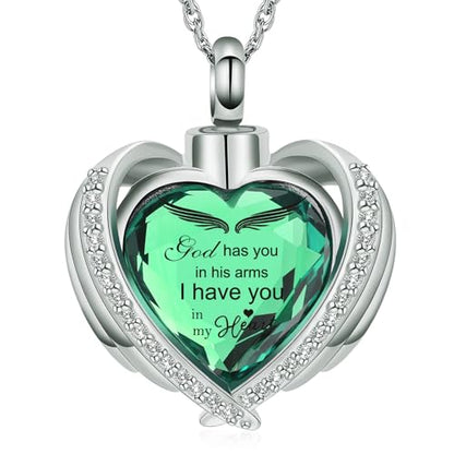 shajwo Angel Wing Heart Urn Ashes Necklace for Women Men | Cremation Jewelry,Birthstone Necklace of Loved One,Memorial Pendant for Human Pet - color: Silver-Green
