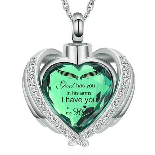 shajwo Angel Wing Heart Urn Ashes Necklace for Women Men | Cremation Jewelry,Birthstone Necklace of Loved One,Memorial Pendant for Human Pet - color: Silver-Green