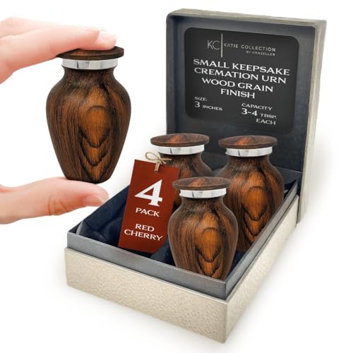 4 Pack Small Keepsake Urn for Human Ashes | Metal Wooden Cherry Style | Mini Little Memorial Ash Container | Perfect Compact Tribute for Loved Ones | Male Female Man or Woman - color: 4 Cherry