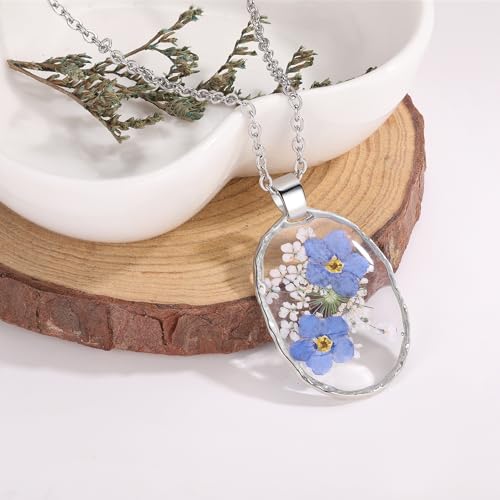 AUNTESIGN Forget-Me-Not and Queen Anne's Lace Pressed Wildflower Necklace | Birth Month Flowers Necklace | Gold/Silver Pressed Flower Jewelry | Mother's Day | Gift For Her - color: Silver Forget-Me-Not Necklace