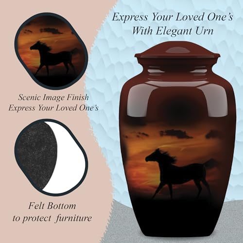 Forever URNS Adult Cremation Funeral Urn with Printed Black Horse in Evening Sunlight Theme for Human Ashes of Female & Male | 200 cu in | Large | Completely Handcrafted with Velvet Protection Bag