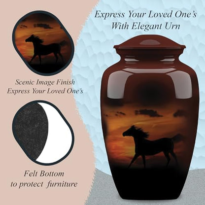 Forever URNS Adult Cremation Funeral Urn with Printed Black Horse in Evening Sunlight Theme for Human Ashes of Female & Male | 200 cu in | Large | Completely Handcrafted with Velvet Protection Bag