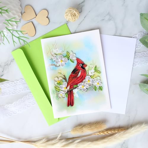 KingKraft Quilling Card- Handcrafted Greeting Card for All Occasions, Cardinal and Dogwood Card for Birthday, Anniversary, Thinking of You, Get Well, Valentines Day, Mothers Day Card, Blank Inside - color: Cardinal