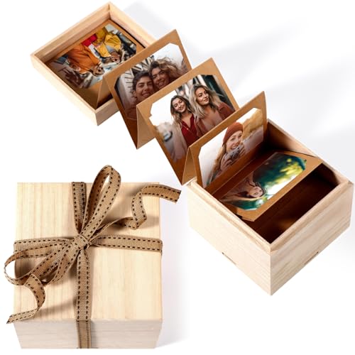 Feifeiya Mini Wooden Pull out Photo Box, DIY 2x3 Album,40 Photos,Natural