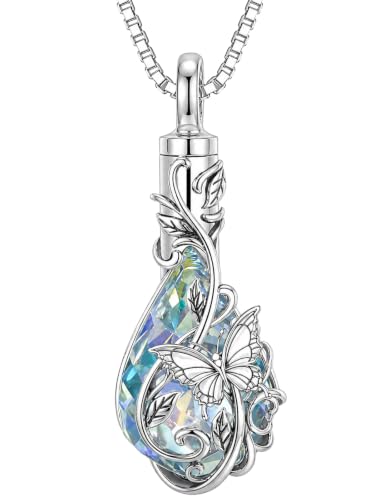 Urn Necklace for Ashes Butterfly/Dragonfly/Ladybug/Bee/Hummingbird Crystal Teardrop Ash Necklace Keepsake Pendant Cremation Jewelry Memorial Gift for Women With Funnel Filler - color: Butterfly