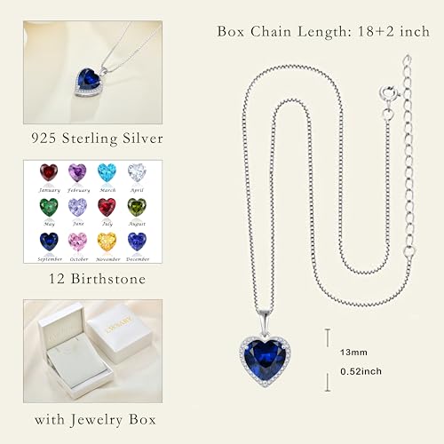 925 Sterling Silver Halo Heart Necklace for Women | Lwsary Love Heart Necklace, Heart Cut Birthstone Jewelry for Her - color: Deep Blue