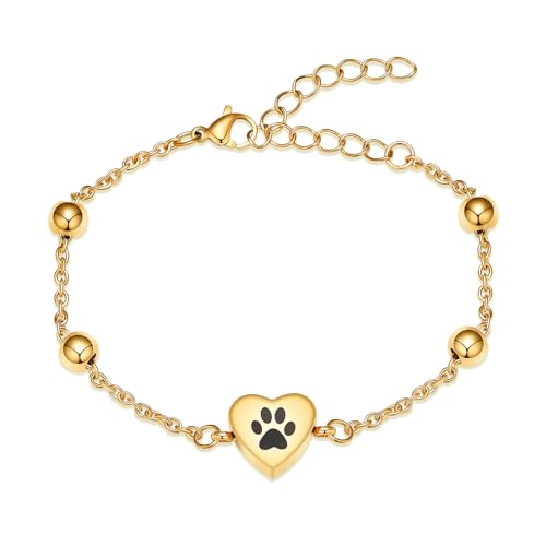 zeqingjw Pet Paw Urn Bracelet for Ashes Adjustable Heart Cremation Bracelet for Pets Ashes Stainless Steel Dog Cat Cremation Jewelry Memorial Keepsake Gift - color: 1-Gold