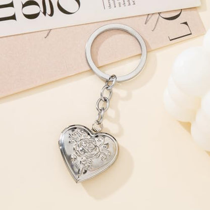 2PCS Elegant Heart Locket Keychain with Decorative Chain Stainless steel, Heart Pattern Design, Photo Frame Pendant - color: Heart-8
