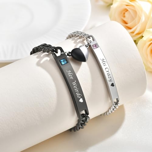 MEALGUET Matching Couple Bracelets for Men Women : His Hers Stainless Steel Cuban Link Chain Bracelets Set for Boyfriend Girlfriend Husband Wife, Romantic Gifts for Valentines Birthday Anniversary - style: Her Weirdo/His Crazy