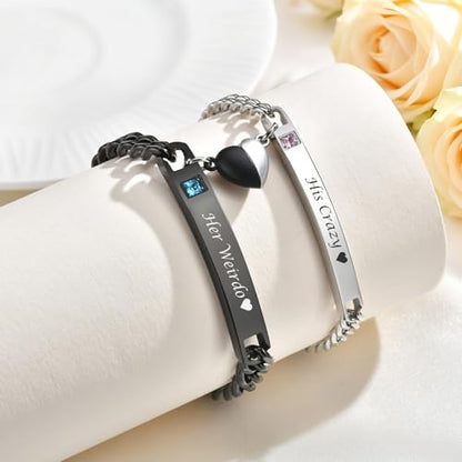 MEALGUET Matching Couple Bracelets for Men Women : His Hers Stainless Steel Cuban Link Chain Bracelets Set for Boyfriend Girlfriend Husband Wife, Romantic Gifts for Valentines Birthday Anniversary - style: Her Weirdo/His Crazy