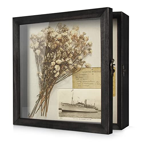 TJ.MOREE Shadow Box 11x11 Memory Display Case Wooden Picture Frame Black | Fits 9.4x9.4 Inserts with Linen Back Rustic Keepsake Box with Glass for Pet Memorabilia Gifts Wedding Bouquet Military Medals - color: Black, size: 11x11