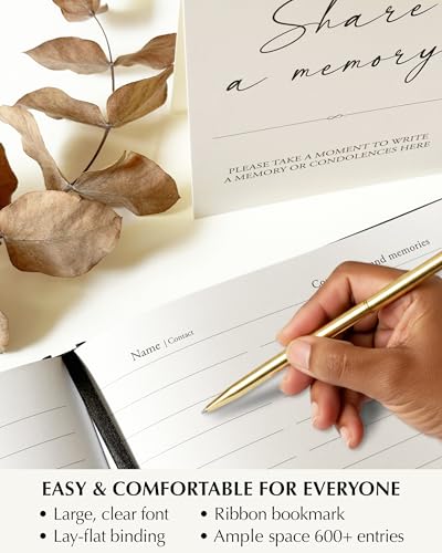 Funeral Guest Book Memorial Service – Celebration of Life Sign in Condolences Registry with Golden Pen | Elegant In Loving Memory Remembrance | Premium Hardcover 9 x 7 Inches, Table Sign & Back Pocket