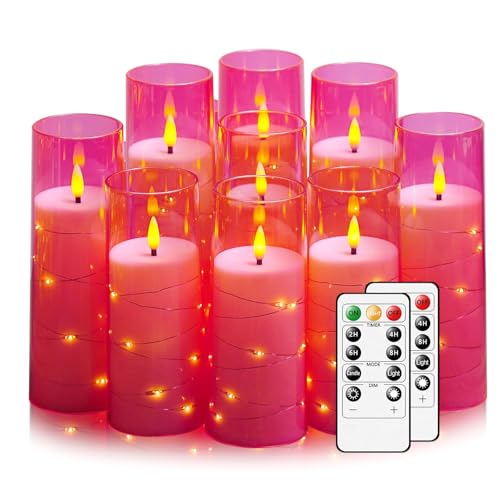 Nimiko Flickering Flameless LED Candles,Battery Operated Candles 9 Pcs with Embedded Star String,Acrylic LED Pillar Candles with Remote,Suitable for Home Decoration to Create an Atmosphere (Pink) - color: Pink