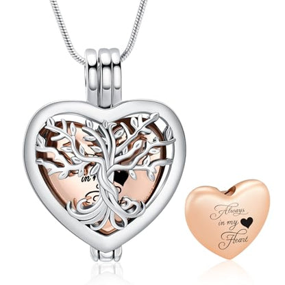 Cremation Jewelry Tree of Life Heart Urn Necklace for Human Ashes for Women Men Always in My Heart Memorial Ashes Keepsake Pendant - color: Rose Gold