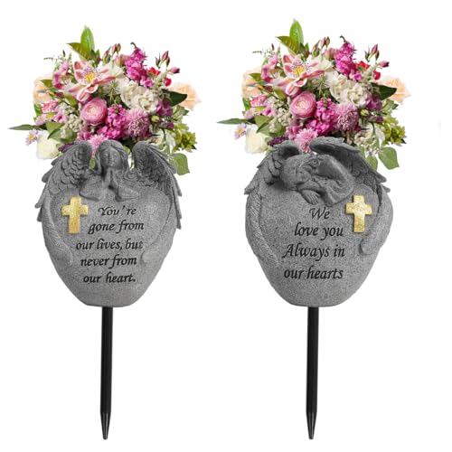 Cemetery flowers for grave Angel and Cross Cemetery Cemetery Memorial Vase, Cemetery Flower Grave,2-piece Angel Cemetery vase with iron Spikes ,Garden decoration Memorial Gift for Lost Love (2gray) - color: 2gary