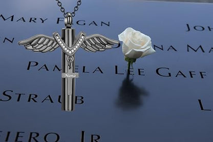Cross Urn Necklace for Mom Dad Grandma Grandpa Brother Uncle Aunt Angel Wings Cremation Pendant Memorial Keepsake Jewelry - style: Sister