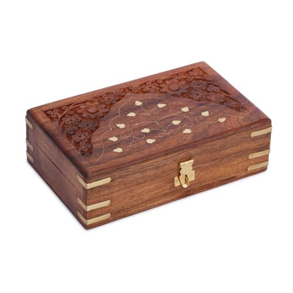 Ajuny Wooden Jewellery Box Brass Inlay Hand Carved Keepsake Chest 8x5