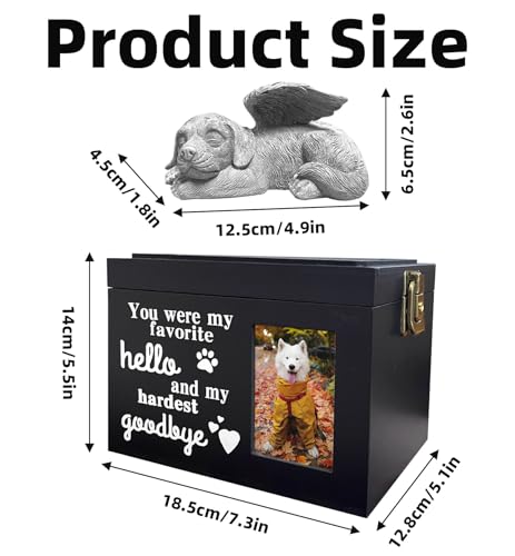 Dog Urns for Ashes Up to 100 lbs, Premium Wooden Pet Urns for Dogs with Memorial Photo Frame and Resin Statue, Dog Urn Sympathy Gift for Both Large Midium Golden Retriever, Labrador, Shepherd