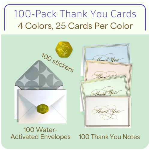 ukee's Elegant Thank You Cards, Gold Foil, 100 Cards with Envelopes | 3.5x5 Blank Notes, Quick Dry Matte Art Paper, Gold Seal Stickers, Bulk Set for Wedding, Baby Shower, Graduation, Business
