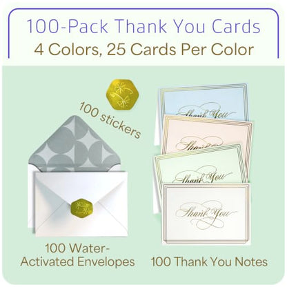 ukee's Elegant Thank You Cards, Gold Foil, 100 Cards with Envelopes | 3.5x5 Blank Notes, Quick Dry Matte Art Paper, Gold Seal Stickers, Bulk Set for Wedding, Baby Shower, Graduation, Business