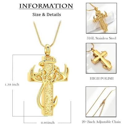 zeqingjw Cross Urn Necklace Fish Hook Cremation Jewelry for Ashes Pendant Stainless Steel Deer Antler Cross Memorial Human Pet Keepsake Ashes Holder for Men Women - color: Gold
