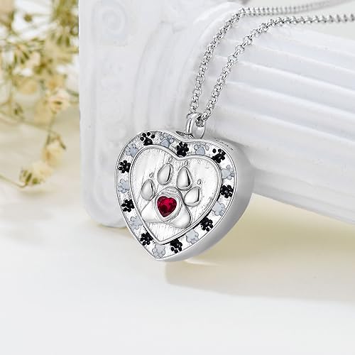 SOULMEET Memorial Pet Necklace for Ashes, Silver/White Gold Paw Print Urn Necklaces with Birthstone for Ashes Keepsake Cremation Jewelry for Pet Cats Dogs - style: G1-Locket Only-July