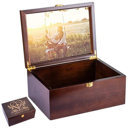 Larger Wooden Wedding Memory Keepsake Boxes With Hinged Lids and a photo frame inside the lid Bridal Shower Gifts - Engagement Gifts for Couples Newlyweds Mr Mrs Couple Bride Gift - 5.3“*8.6”*11.7“ - color: Brown