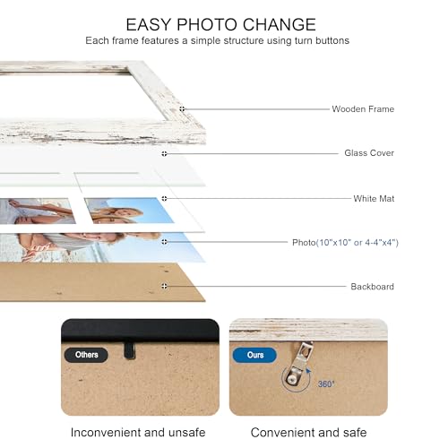 Hongkee 10x10 Picture Frame Set of 2, Collage Four 4x4 with Mat, Real Glass - color: Distressed White, size: 10x10 in matted to 4-4x4