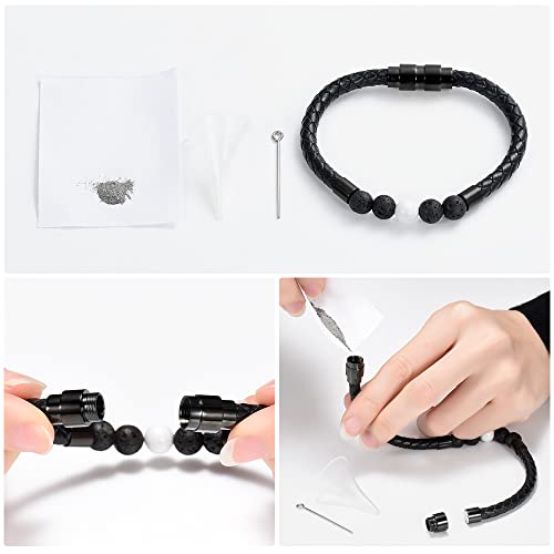 shajwo Cremation Jewelry Lava Stone Urn Bracelet for Ashes for Women Men Chakra Healing Balancing Genuine Leather Memorial Bracelets - color: Black（4 Lava Stone + 1 White Howlite）