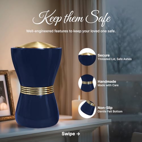 Family Tribute Set of Cremation Urn for Human Ashes Male & Female with 1 Large Urn, 1 Small Keepsake & 1 Silver & 1 Black Cross Necklace- Canopic Navy Blue - color: Canopic Navy Blue Set