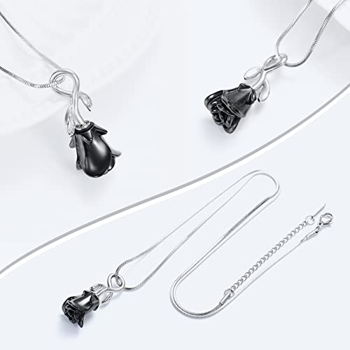 Rose Flower Cremation Urn Necklace for Ashes Stainless Steel Memorial Cremation Ash Jewelry Keepsake Pendant Necklace for Women Girl - color: Black