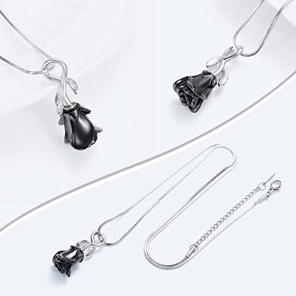 Rose Flower Cremation Urn Necklace for Ashes Stainless Steel Memorial Cremation Ash Jewelry Keepsake Pendant Necklace for Women Girl - color: Black
