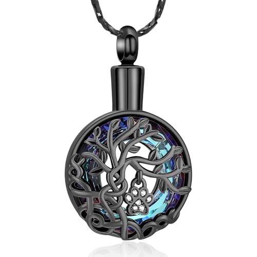Imrsanl Tree of Life Urn Necklace for Ashes Paw Print Circle of Life Cremation Jewelry Keepsake Pendant Memorial Pet Ashes Holder for Women Men - color: Black-Blue