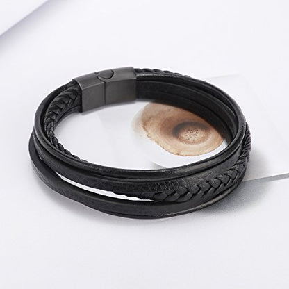 Mens Leather Bracelet with Clasp Cowhide Multi-Layer Braided Leather Mens Bracelet - style: black leather&black clasp&7.5