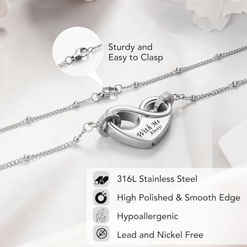 Dletay Infinity Cremation Urn Necklace for Ashes Heart Ash Necklace for Women Memorial Cremation Jewelry Ash Holder - color: Silver with box